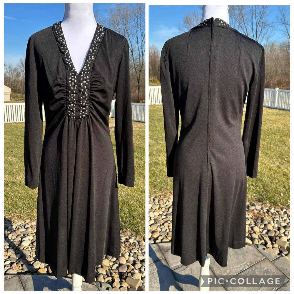 Vintage 1970s Huey Waltzer Mannequin black poly rhinestone studded disco dress S